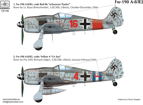 HADモデル 72116 1/72 Fw 190 A-8 /R2 (ur So red 16, red 4 Schwarzer panther) デカールシート