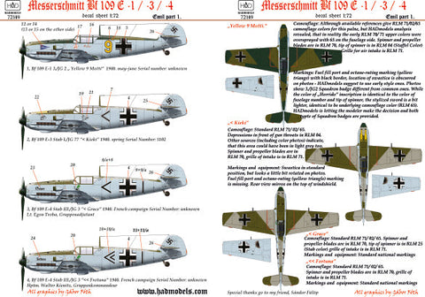 HADモデル 72149 1/72 Me Bf 109 E1/3/4 (キエキ、グレース、フォルトゥナ、モッティ) デカールシート
