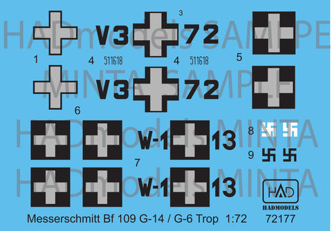 HADモデル 72177 1/72 メッサーシュミット Bf 109 G-14 / G-6 Trop( HUN V3+72; W-1+13) デカール