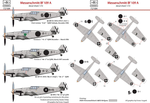 HADモデル 72184 1/72 メッサーシュミット Bf 109 A デカールシート