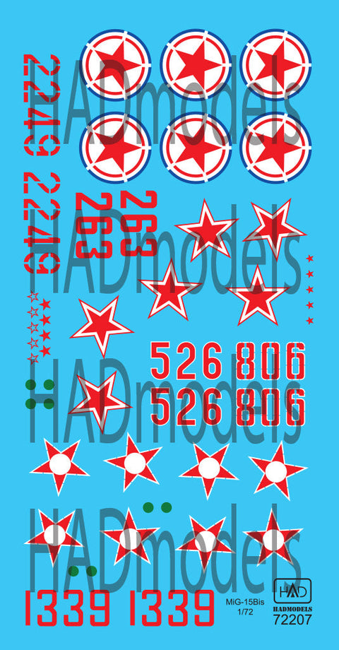 HADモデル 72207 1/72 MiG-15 Bis（北朝鮮、ソ連、ハンガリー）デカールシート