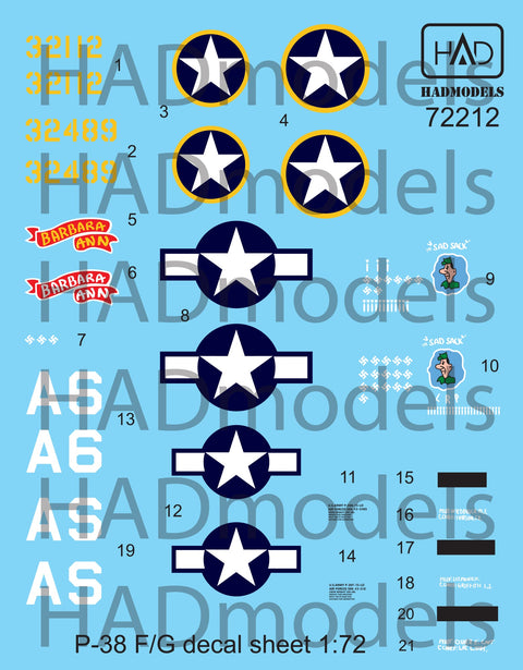 HADモデル 72212 1/72 P-38 F/G「ヨーロッパ上空」デカールシート