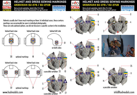 HADモデル E321003 1/32 ウクライナのSu-27B/UB縫製パッチとヘルメットマーキングデカールシート