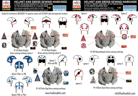 HADモデル E321008 1/32 F-14A/D ヘルメットとドレスの縫製マーキング VF-143 VF-213 VF-41 デカールシート