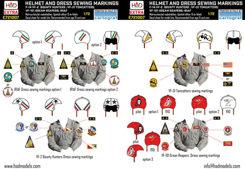 HADモデル E721007 1/72 F-14A/D ヘルメットとドレス縫製マーキング VF-2、VF-101、VF-31 デカールシート