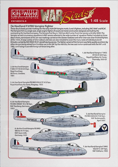 キッツワールド KW148247 1/48 デ・ハビランド バンパイア F3/F5 - General Markings RAF/RCAF/RAAF