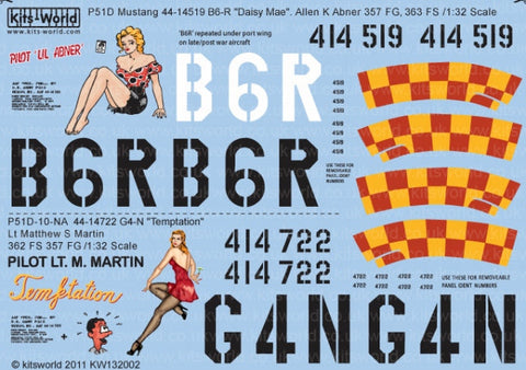 キッツワールド KW132002 1/32 P51D マスタング 363 FS 357 FG アレン K アブナー 44-14519 B6-R "デイジー メイ" - P51D-10NA Lt マシュー S マーティン 44-14722 G4-N "テンプテーション"