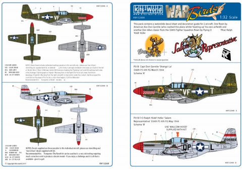 キッツワールド KW132008 1/32 P-51B ムスタング 43-6913 VF-T - 'Shanghri La' 第4戦闘航空群 336戦闘飛行隊1944年3月,42-106924 QP - 'Salem Representative' 第4戦闘航空群 334戦闘飛行隊 1944年5月