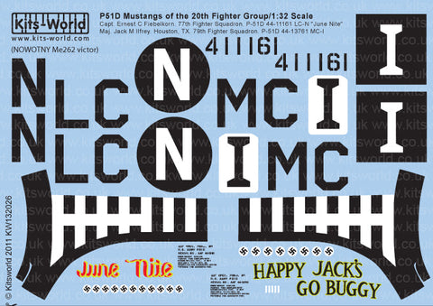 キッツワールド KW132026 1/32 WWII アメリカ空軍 P-51D マスタング 第20戦闘群 第77飛行隊/第79飛行隊 `June Nite` & `Happy Jacks Go Buggy