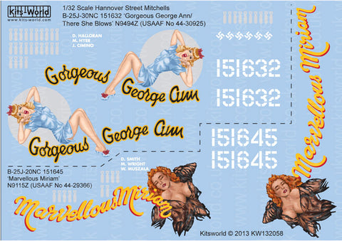 キッツワールド KW132058 1/32 アメリカ陸軍航空軍 B-25J ミッチェル `Gorgeous George Ann/There She Blows`, B-25J `Marvellous Mirian