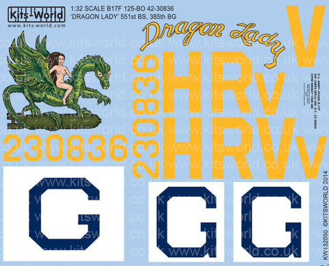 キッツワールド KW132090 1/32 アメリカ陸軍航空軍 B-17F フライングフォートレス 第385爆撃飛行群 第551爆撃飛行隊 `ドラゴン Lady`