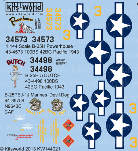 キッツワールド KW144021 1/144 アメリカ軍 B-25 ミッチェル デカールセット B-25H `Power House` B-25H `Dutch` アメリカ海兵隊 B-25-PBJ-1J `Devil Dog