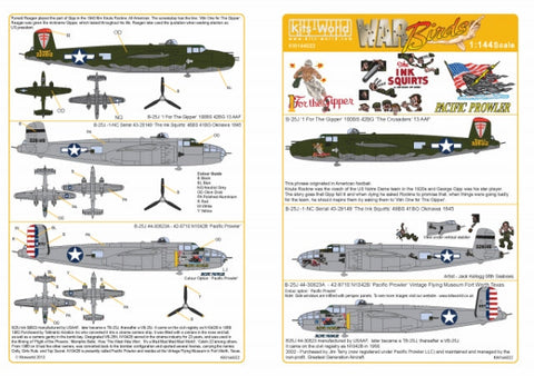 キッツワールド KW144022 1/144 アメリカ陸軍 B-25 デカールセット `1 For the Gipper` The Ink Squirts 98 Seabees, `Pacific Prowler