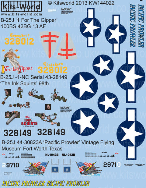 キッツワールド KW144022 1/144 アメリカ陸軍 B-25 デカールセット `1 For the Gipper` The Ink Squirts 98 Seabees, `Pacific Prowler