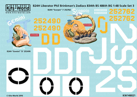 キッツワールド KW148021 1/48 B24 Liberator Phil Brinkman's 'Zodiacs' 834th BS 486 BG - 2 Nose Art Designs Set 3 - 'Gemini - Scorpio'