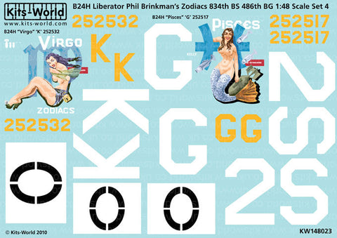 キッツワールド KW148023 1/48 B24 Liberator Phil Brinkman's 'Zodiacs' 834th BS 486 BG - 2 Nose Art Designs Set 4 - 'Virgio - Pisces
