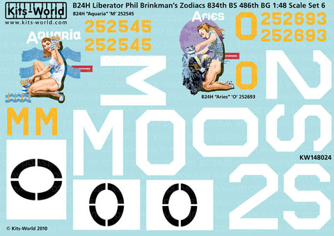キッツワールド KW148024 1/48 B24 Liberator Phil Brinkman's 'Zodiacs' 834th BS 486 BG - 2 Nose Art Designs Set 6 - ' Aquaria - Aries'