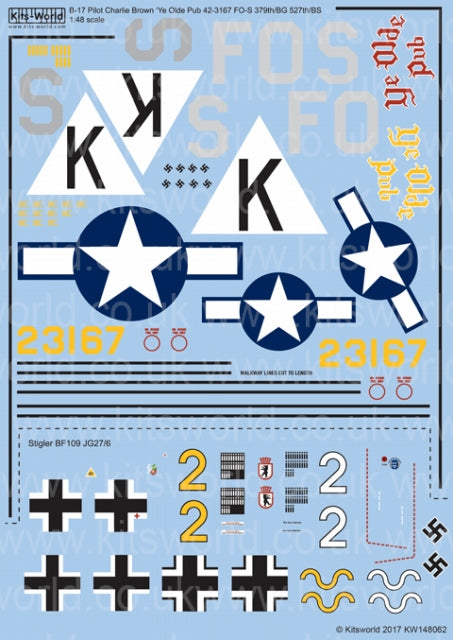 キッツワールド KW148062 1/48 B-17F 第379爆撃飛行群 第527爆撃飛行隊 C.ブラウン搭乗機 `Ye Olde Pub 42-3167 FO-S` & ドイツ空軍 Bf109・・・