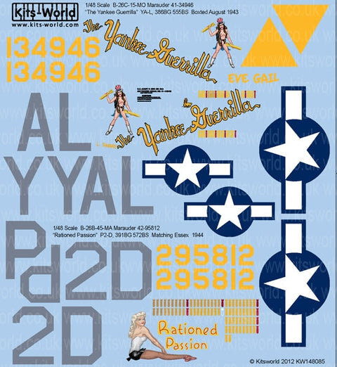 キッツワールド KW148085 1/48 アメリカ陸軍航空群 B-26C マローダー用デカール 第386爆撃飛行群 第555爆撃飛行隊/第391爆撃飛行群 第572爆撃飛行隊