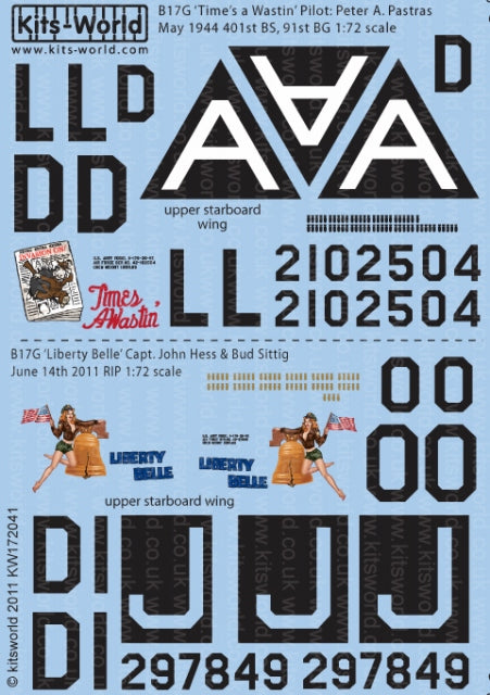 キッツワールド KW172041 1/72 イギリス空軍 B-17 フライングフォートレス 第91爆撃航空群 第401飛行隊 `Time`s a Wastin`,`Liberty Bells`