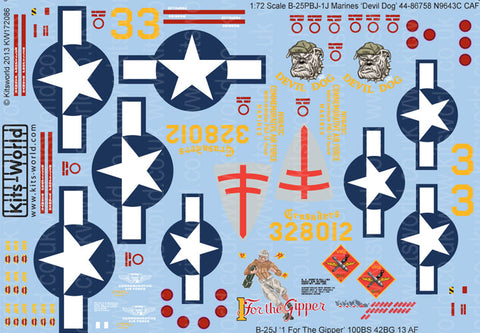 キッツワールド KW172086 1/72 アメリカ陸軍 B-25J ミッチェル `1 For the Gipper`, アメリカ海兵隊 B-25-PBJ-1J ミッチェル `Devil Dog`