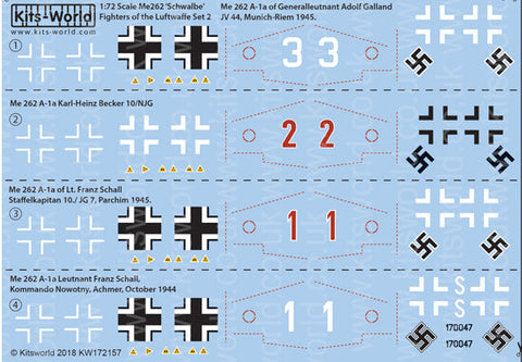 キッツワールド KW172157 1/72 Me 262 A-1a アドルフ・ガーランド中将搭乗機 1945年ミュンヘンJV44