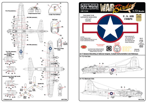 キッツワールド KW172189 1/72 WWII アメリカ陸軍航空隊 B-17F/G フライングフォートレス ステンシルマーキング(国籍マーク赤縁付)デカール