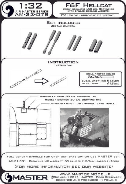 マスター AM-32-078 1/32 F6F ヘルキャットの初期武装（ブローニング .50 キャリバーの放熱バレルジャケット付銃身）