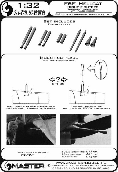 マスター AM-32-080 1/32 F6F ヘルキャット 夜間戦闘機の武装（ブローニング .50キャリバーおよびフラッシュハイダー付 20mmキャノン砲銃身）