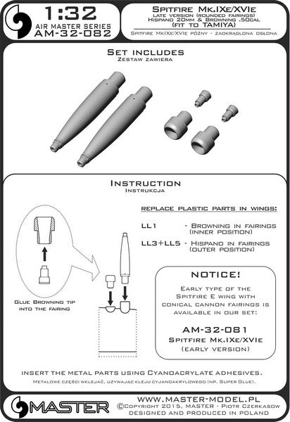 マスター AM-32-082 1/32 スピットファイア Mk.IXe/XVIe の後期型武装(円筒形フェアリング) フェアリング付 イスパノ20mmキャノン砲の砲身とブローニング .50キャリバー銃身（タミヤ用）