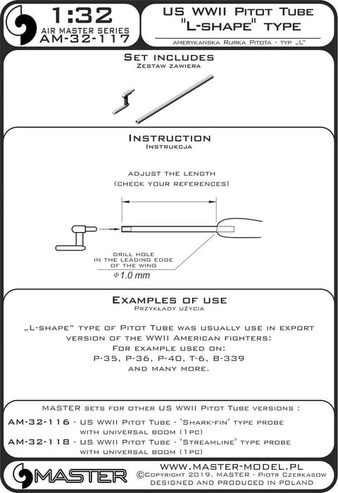 マスター AM-32-117 1/32 アメリカ軍 WWII時のピトー管 (先端がL字型 1本）アメリカの航空機の輸出仕様として使用（ P-35, P-36, P-40, T-6, B-339等 ）
