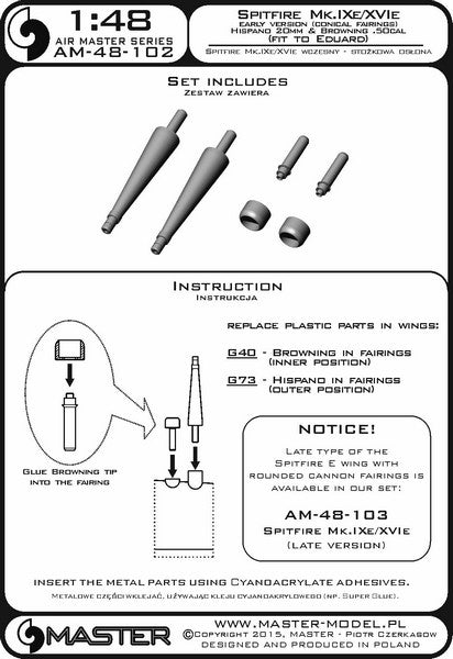 マスター AM-48-102 1/48 スピットファイア Mk.IXe/XVIe の初期型武装(円錐形) フェアリング付 イスパノ20mmキャノン砲の砲身とブローニング .50キャリバー銃身（エデュアルド用）