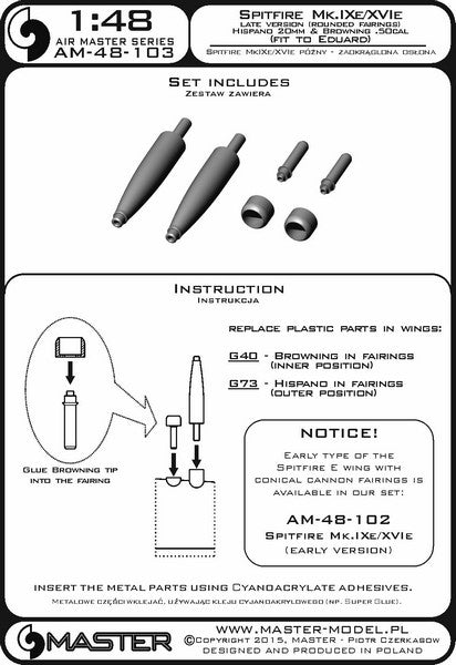 マスター AM-48-103 1/48 スピットファイア Mk.IXe/XVIe の後期型武装(円筒形) フェアリング付 イスパノ20mmキャノン砲の砲身とブローニング .50キャリバー銃身（エデュアルド用）