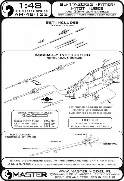 マスター AM-48-122 1/48 スホーイ Su-17, Su-20, Su-22 (フィッター)のピトー管（全バージョンのオプションパーツ）および 30mm機関砲銃身