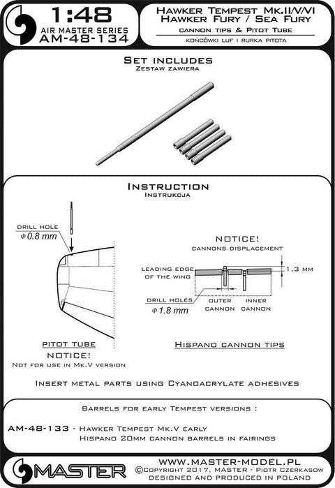 マスター AM-48-134 1/48 ホーカー テンペスト Mk.II/V/VI および 1/48 ホーカー フューリー/シーフューリー のイスパノMk.V キャノン砲の砲身とピトー管
