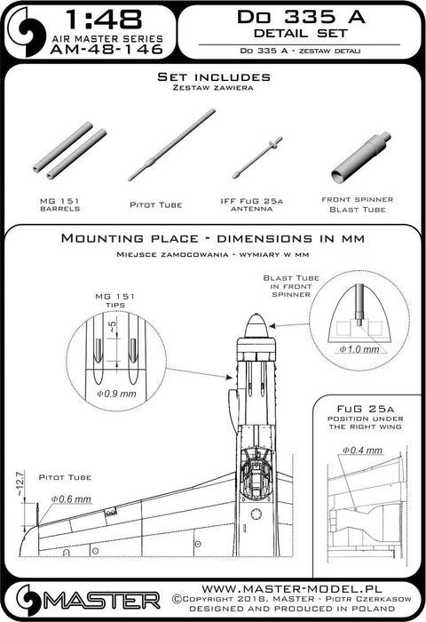 マスター AM-48-146 1/48 ドルニエ Do-335 A のディテールセット (MG151機関砲 銃身,FuG 25a アンテナ,ピトー管）