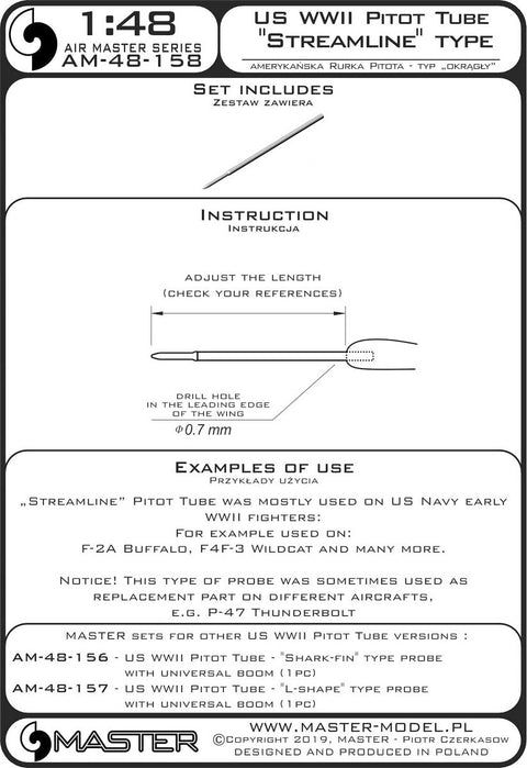 マスター AM-48-158 1/48 アメリカ軍 WWII時のピトー管 (先端がストリームライン型 1本）主にアメリカ海軍 初期の航空機（F-2A バッファロー, F4F-3 ワイルドキャットなど）用