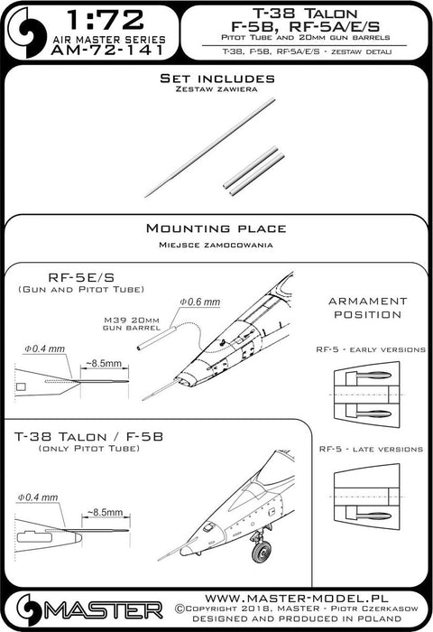マスター AM-72-141 1/72 T-38 タロン / F-5B / RF-5A, E, S ピトー管と20mm機関砲銃身