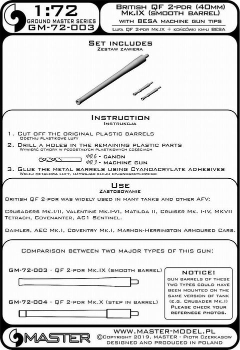 マスター GM-72-003 1/72 イギリス QF 2ポンド砲 (40mm) - version Mk.IX (スムースバレル) + BESA機銃 銃口 - クルセイダー Mk.I/II, バレンタイン初期型, マチルダ II,その他のAFV用