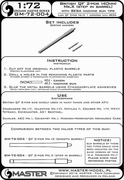 マスター GM-72-004 1/72 イギリス QF 2ポンド砲 (40mm) - version Mk.X (ステップインバレル) + BESA機銃 銃口 - for クルセイダー Mk.I/II, バレンタイン,マチルダ II その他のAFV用