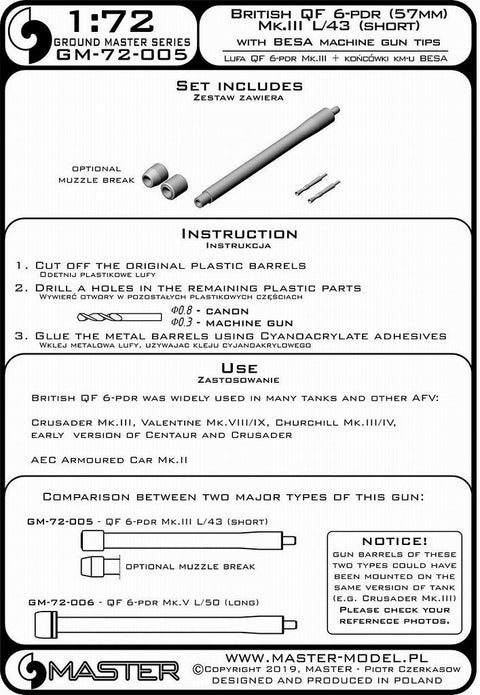 マスター GM-72-005 1/72 イギリス QF 6ポンド砲 (57mm) - version Mk.III L/43 (ショート) + BESA機銃 銃口 - for クルセイダー Mk.III, チャーチル Mk.III/IV, バレンタイン Mk.VIII/IX