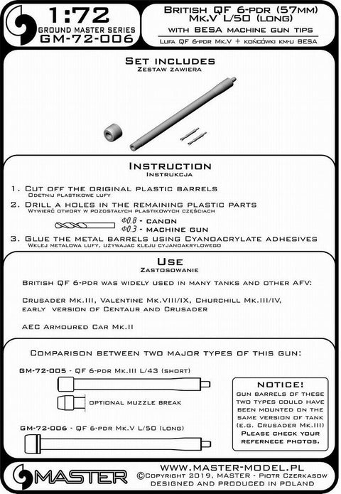 マスター GM-72-006 1/72 イギリス QF 6ポンド砲 (57mm) - version Mk.V L/50 (ロング) + BESA機銃 銃口 - for クルセイダー Mk.III, チャーチル Mk.III/IV, バレンタイン Mk.VIII/IX