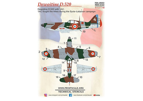 プリントスケール 1/48 PSM48003 デヴォアティーヌ D.520 マスク+デカール+3Dデカール