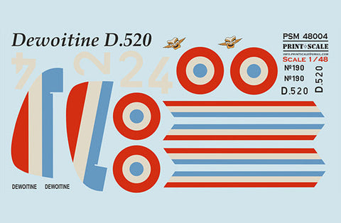 プリントスケール 1/48 PSM48004 デヴォアティーヌ D.520 マスク+デカール+3Dデカール
