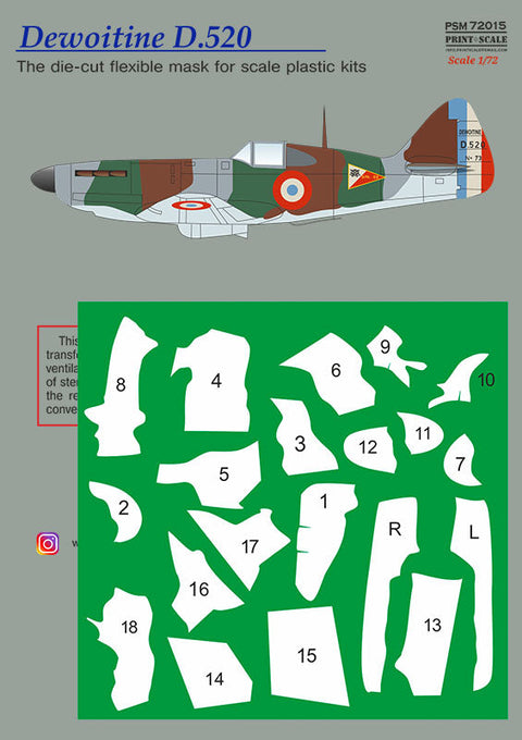 プリントスケール PSM72015 1/72  デヴォワティーヌ D.520 マスク + デカール