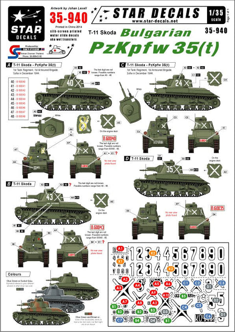 スターデカール 35-940 1/35 ブルガリア軍 PzKpfw 35(t)