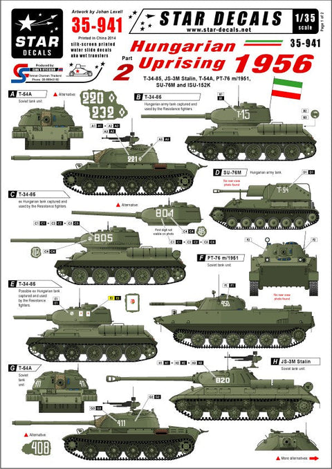 スターデカール 35-941 1/35 ハンガリー動乱 1956 #2 T-34-85, SU-76M, JSU-152K, JS-3M スターリン, PT-76 m/1951