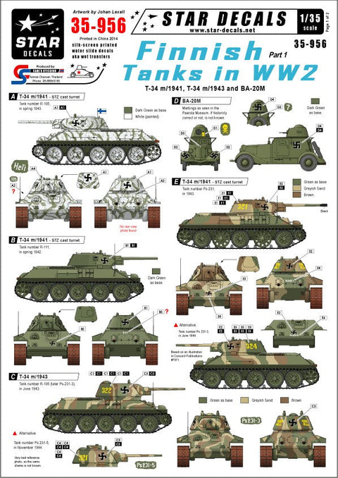 スターデカール 35-956 1/35 フィンランド軍戦車 イン WWII # 1 T-34 1941年型, T-34 1943年型,BA-20M装甲車