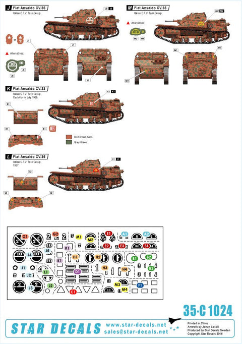 スターデカール 35-C1024 1/35 スペイン内戦 # 4 フィアット アンサルド CV33, CV35, CV33火炎放射戦車