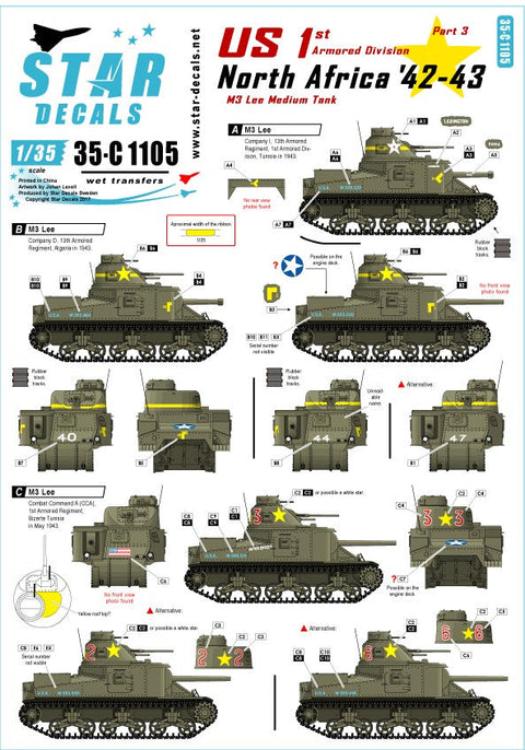 スターデカール 35-C1105 1/35 アメリカ 第1機甲師団#3 M3リー イン 北アフリカ アルジェリア・チュニジア 1942-43.